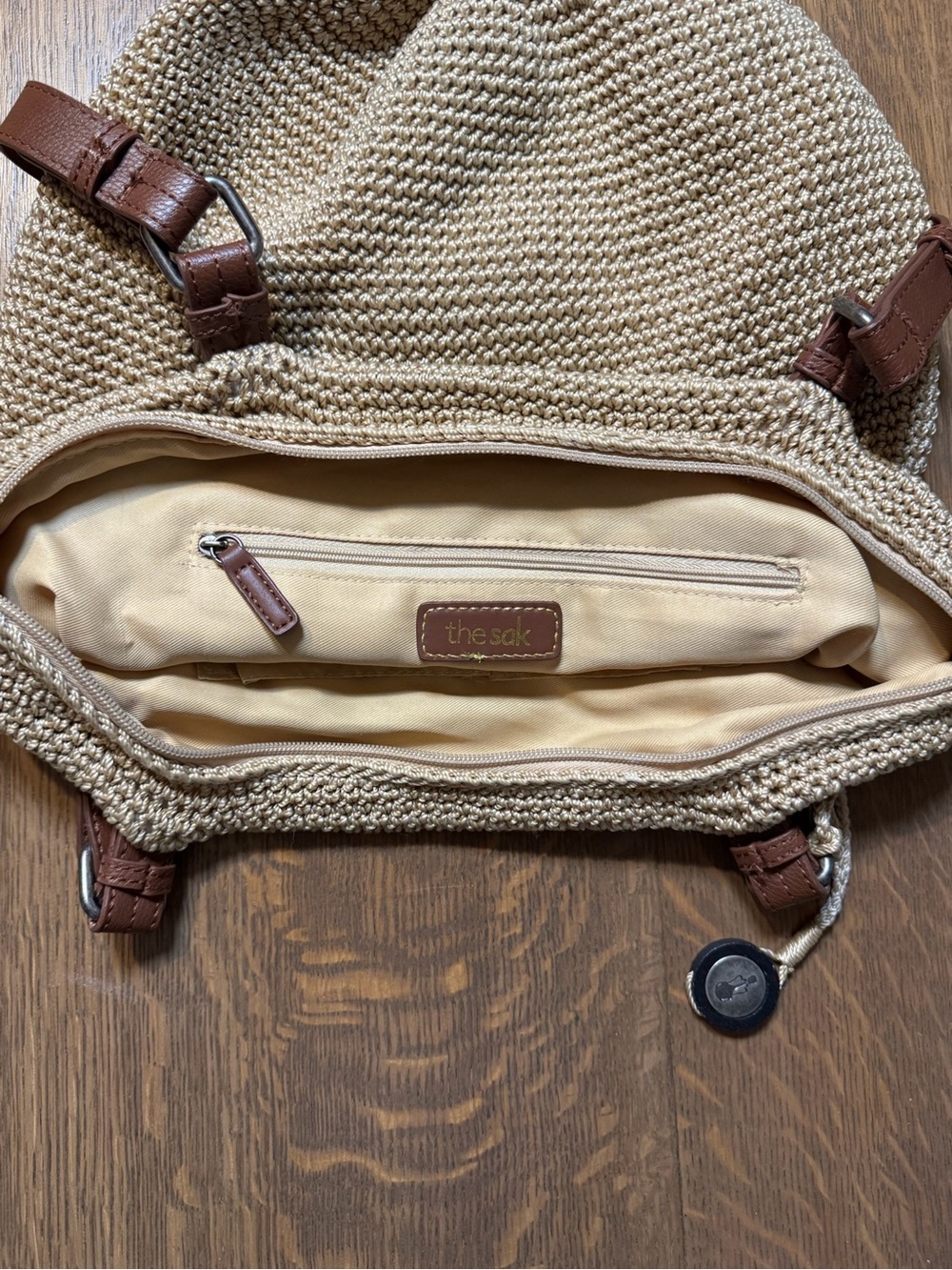 The Sak Beige Crochet Tote Bag Brown Leather Straps Boho Beach Purse Sack Bag - Picture 3 of 9